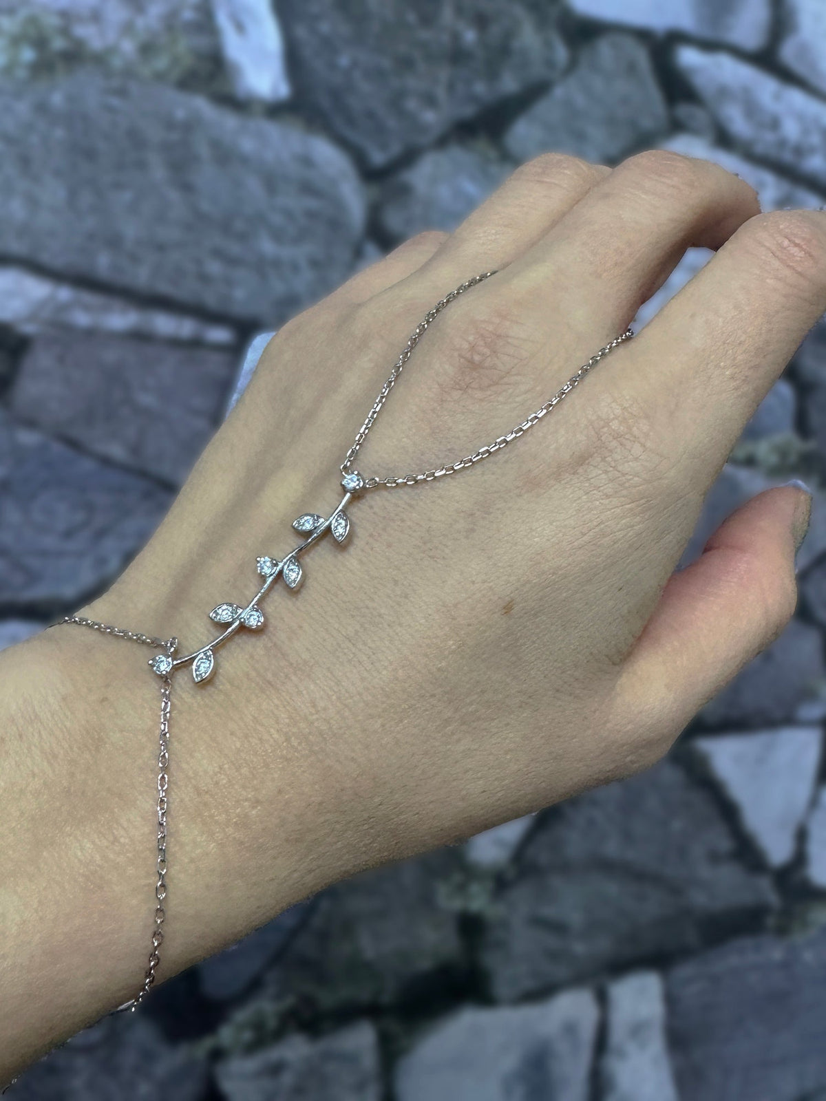 Elegant Silver Branch Design Slave Bracelet – White Stone Hand Chain Jewelry