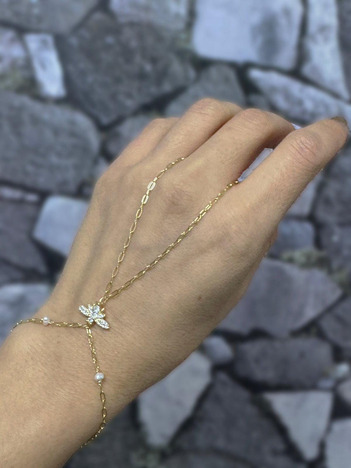 Natural Pearl Dragonfly Silver Slave Bracelet – Elegant Hand Chain Jewelry