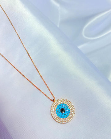 Turquoise Stone Silver Evil Eye Necklace